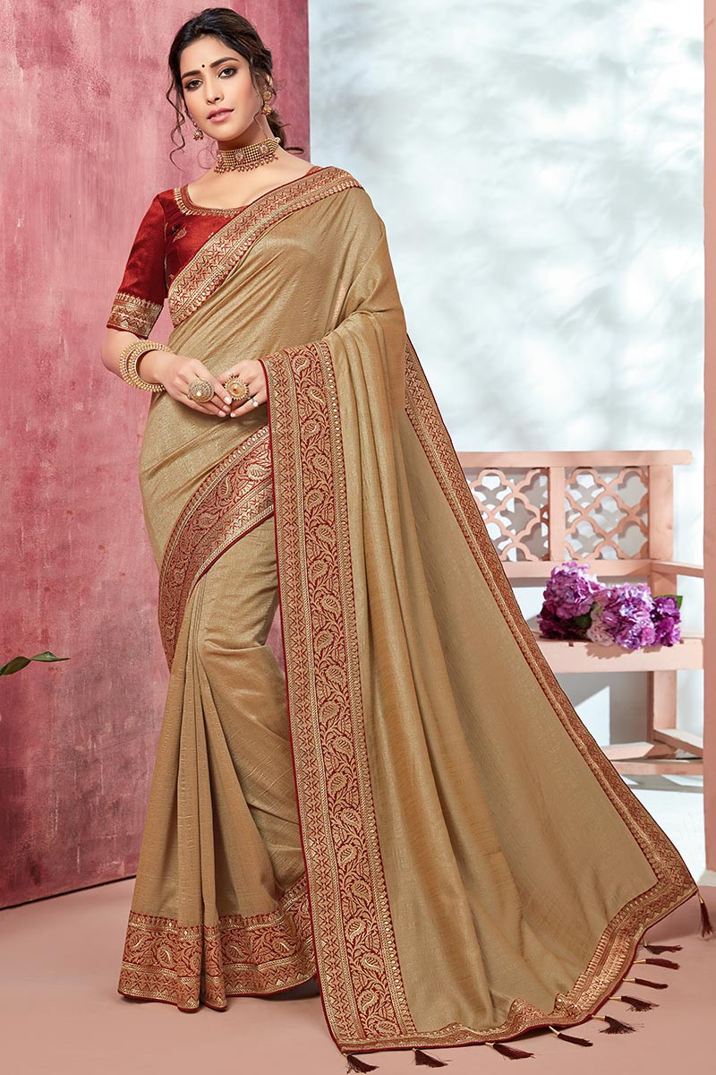 Biscuit Color South Silk Saree with Brocade and Copper Zari Check Patt |  South silk sarees, Zari, Brocade