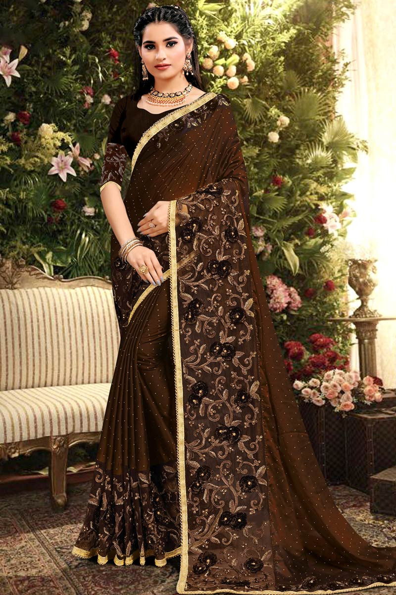 Brown Colour Lycra Net Party Wear Stone Work Saree With Blouse Piece