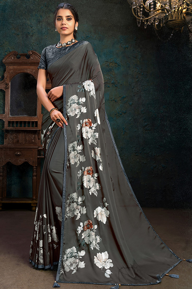 Stupendous Grey Sequined Satin Cocktail Party Wear Saree With Blouse -  Tulsi Art - 4208677