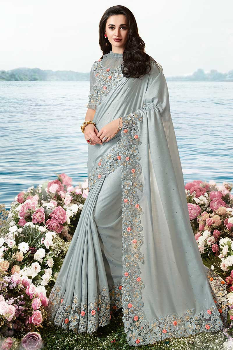 Grey Party Wear Embroidered Net Saree