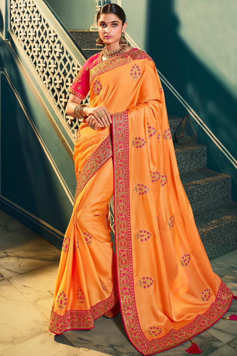 Symmetrical Orange Soft Banarasi Silk Saree With Enchanting Blouse Pie –  LajreeDesigner