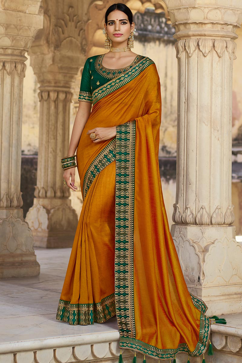 Silk Party Wear Saree In Mustard Yellow Color