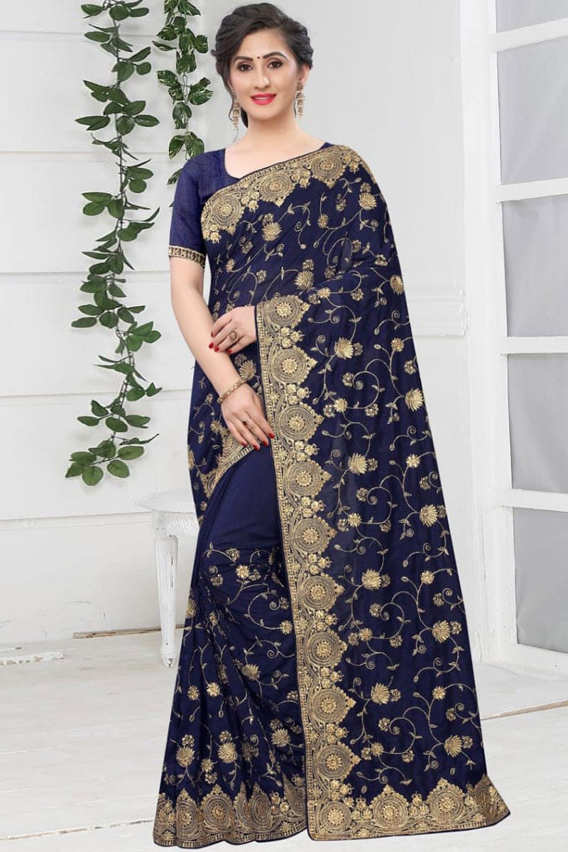 Deep Blue Party Wear Georgette Saree With Sequins Online FABSA22048 FABANZA