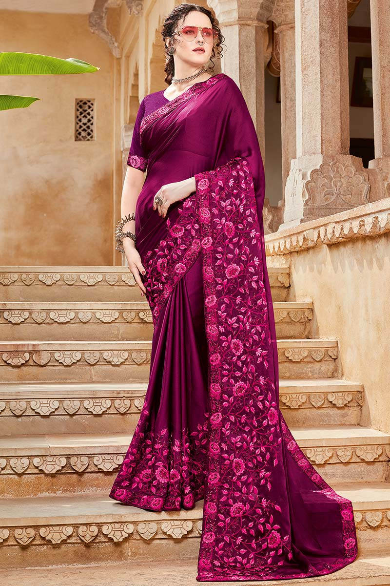 Buy Purple Georgette Saree With Floral Embroidery And Sequins Online at  Soch USA & Worldwide