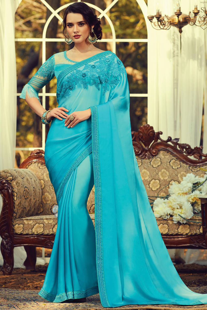 Sky Blue Satin Silk Party Wear Kanchivaram Saree SAMBHAVISILK 152002