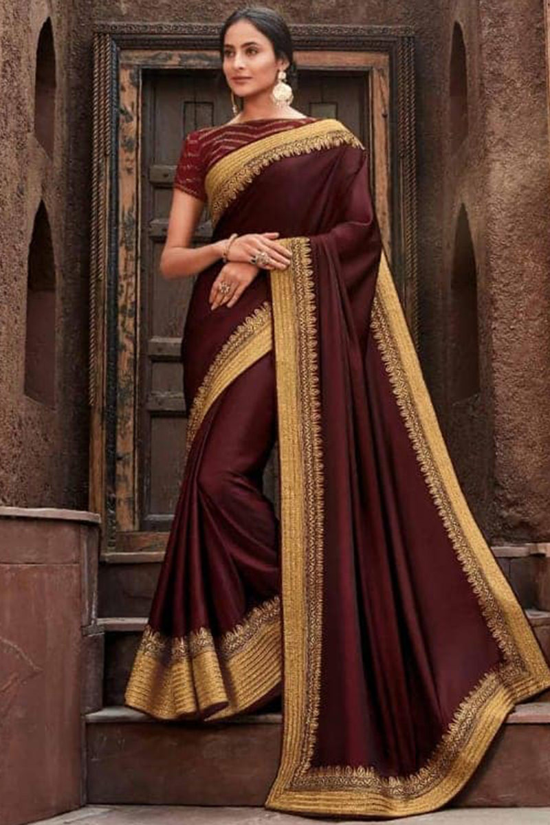 Wine banarasi silk saree with blouse 96658