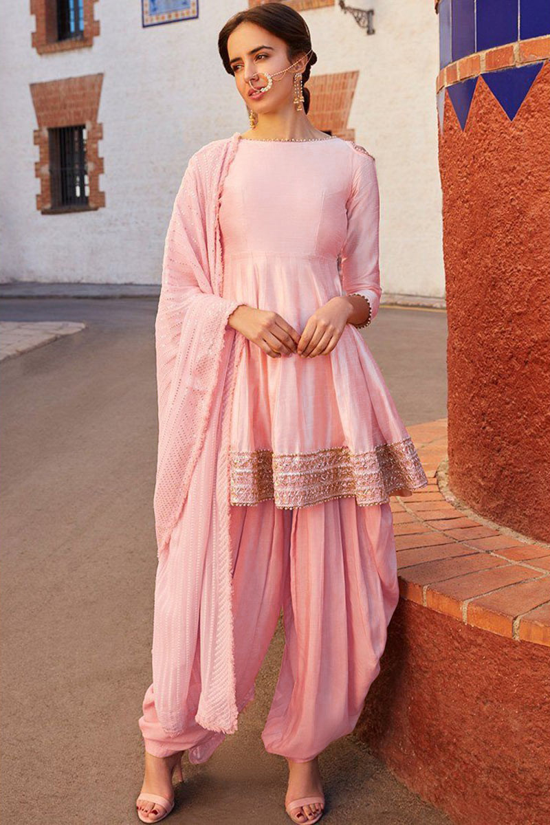 Stylish Baby Pink And Blue Silk Punjabi Patiala Salwar Suit in Gwalior at  best price by DHAGA FASHION - Justdial