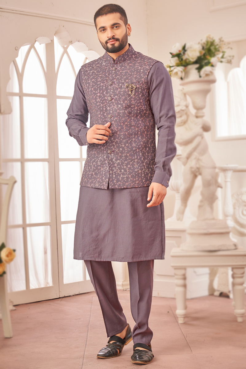Silk Plain Men's Kurta Pajama With Mauve Taupe Embroidered Jacket