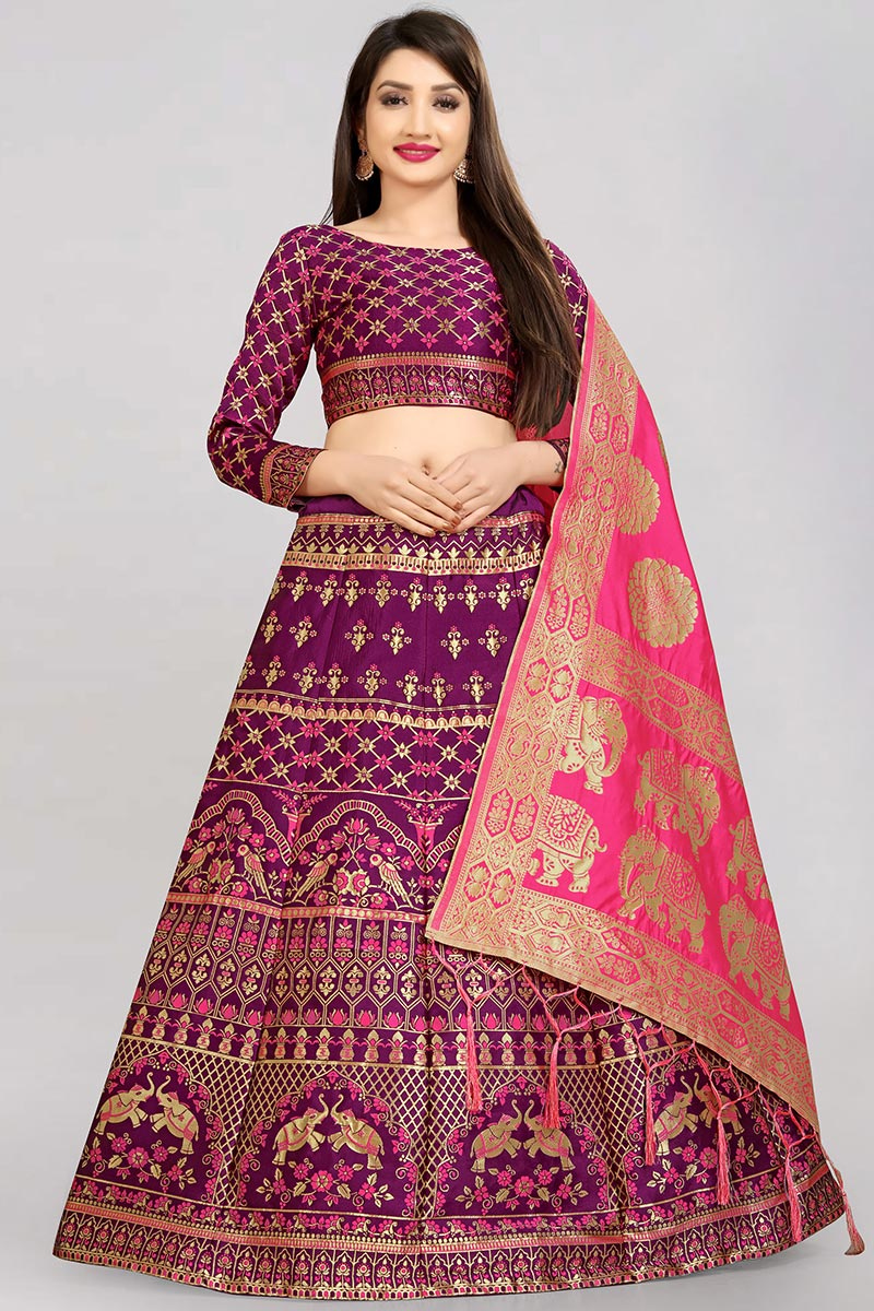 Silk Plum Purple Woven Zari Lehenga Choli 
