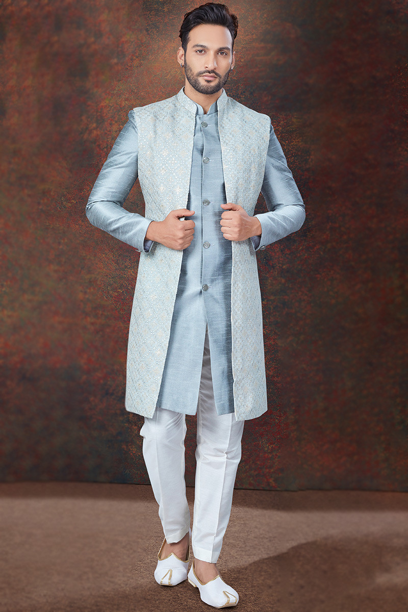 Silk Powder Blue Plain Men s Jacket Style Sherwani MSTV03892