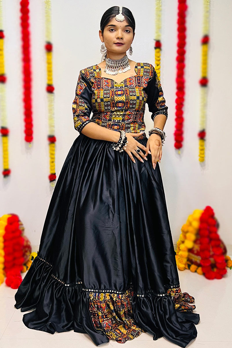 Silk Printed Black Flared Style Chaniya Choli