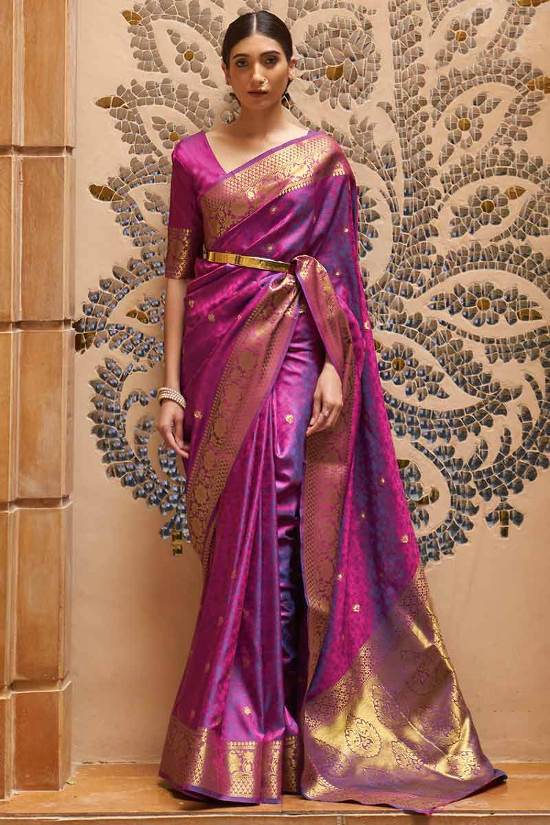 Pink Silk Saree and Purple Blouse | Wedding saree collection, Wedding saree  blouse designs, Silk saree blouse designs