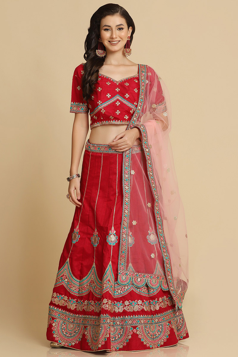 Silk Red Zari Embroidered Panelled Style Lehenga
