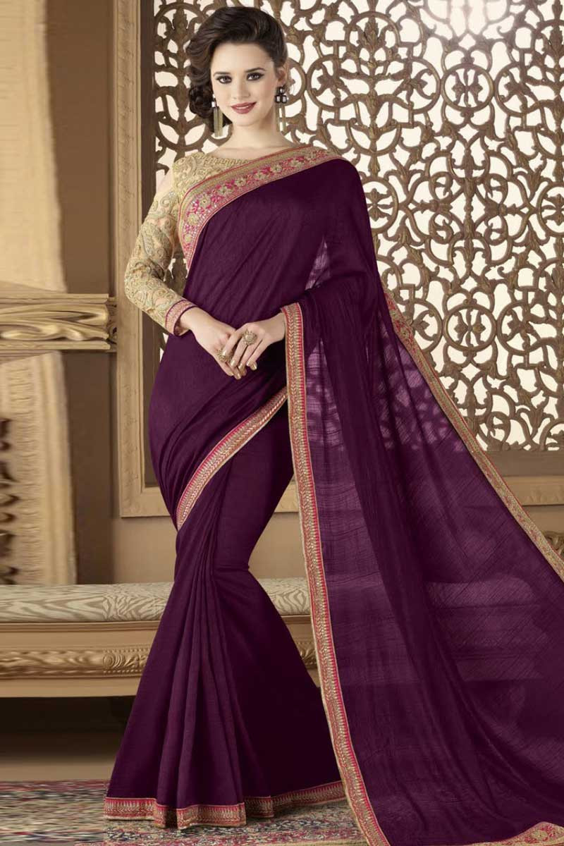 Sangria Purple Satin and Silk Saree With Net Blouse