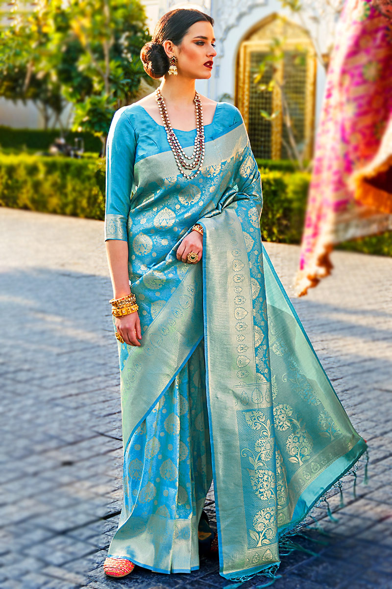 Silk Sky Blue Woven Zari Kanchipuram Saree SARV172700