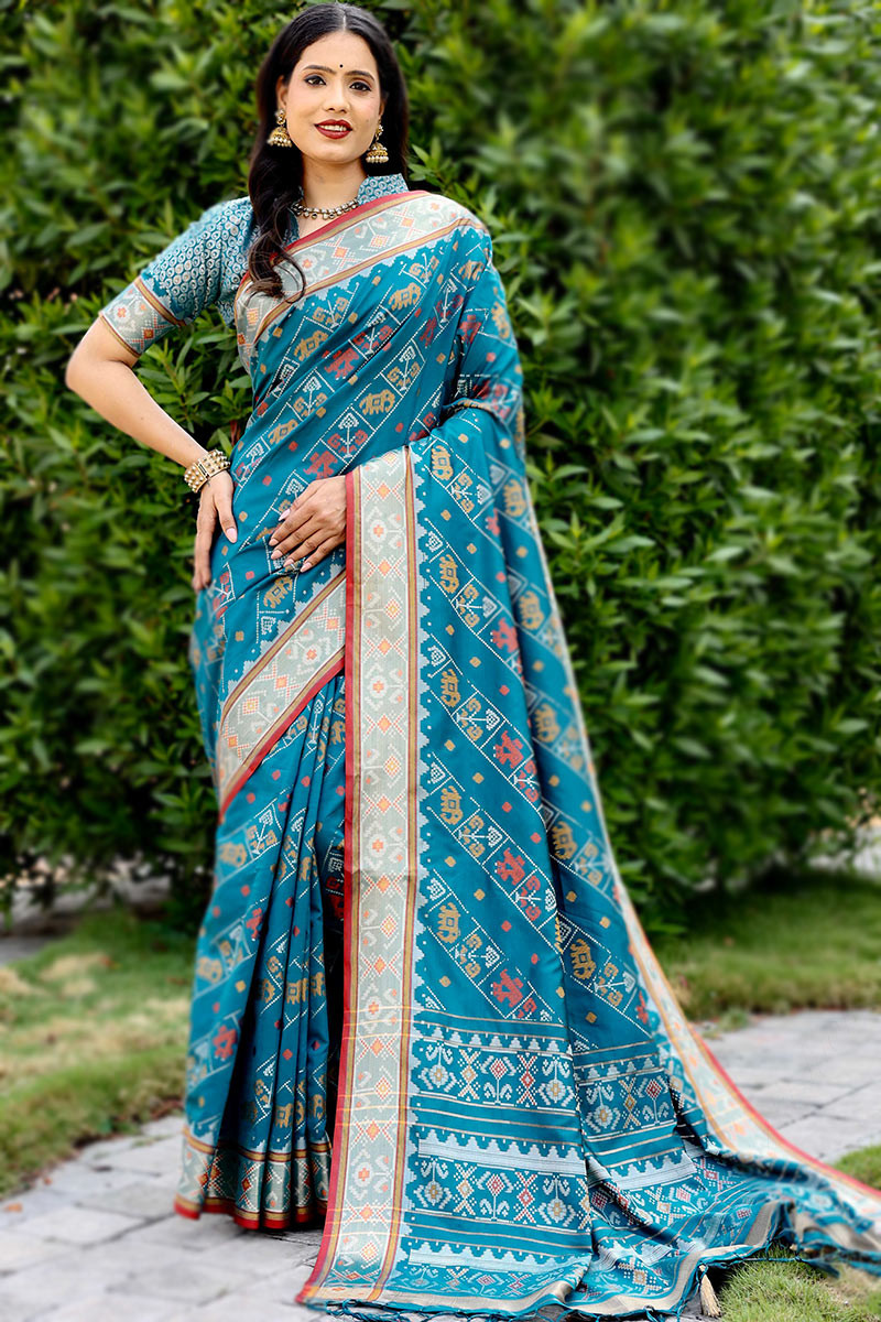 Turquoise blue navratan design double ikat patola saree – sohumsutras