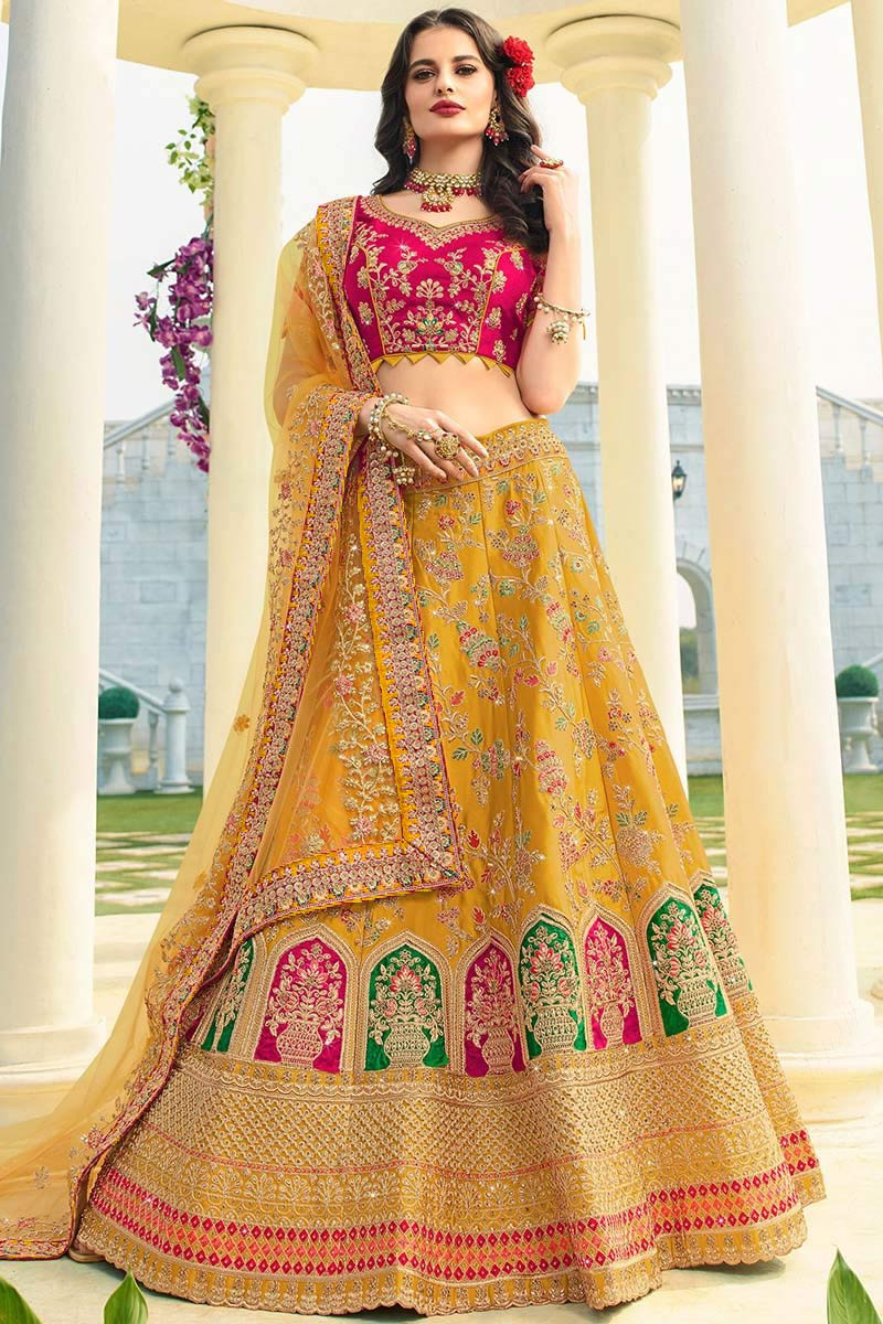 Wedding Wear Yellow Color Lehenga Choli In Organza Fabric