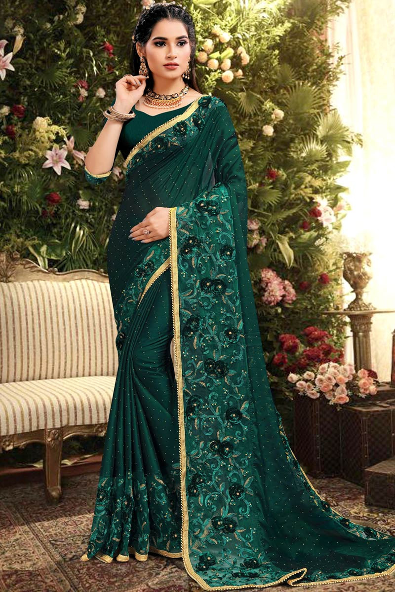 Buy Mesmerizing Mehendi Green Saree With Unstitched Blouse