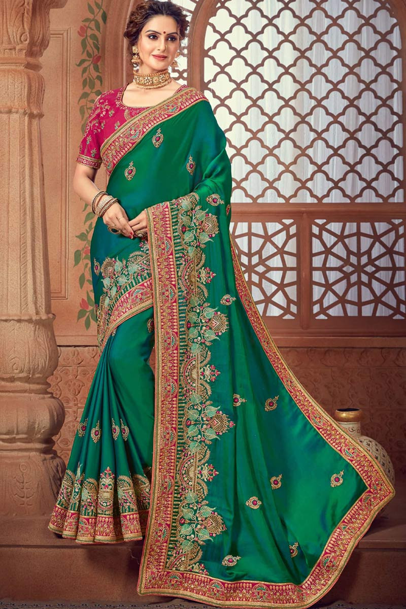 Blue with green wedding silk saree – Thenianantham