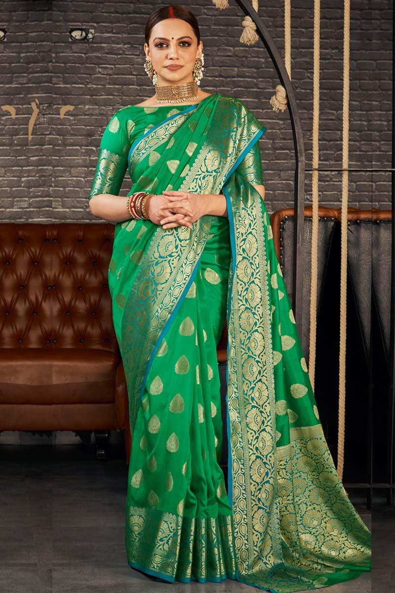 Buy Green Color Barfi silk saree Indian wedding saree double blouse in UK,  USA and Canada