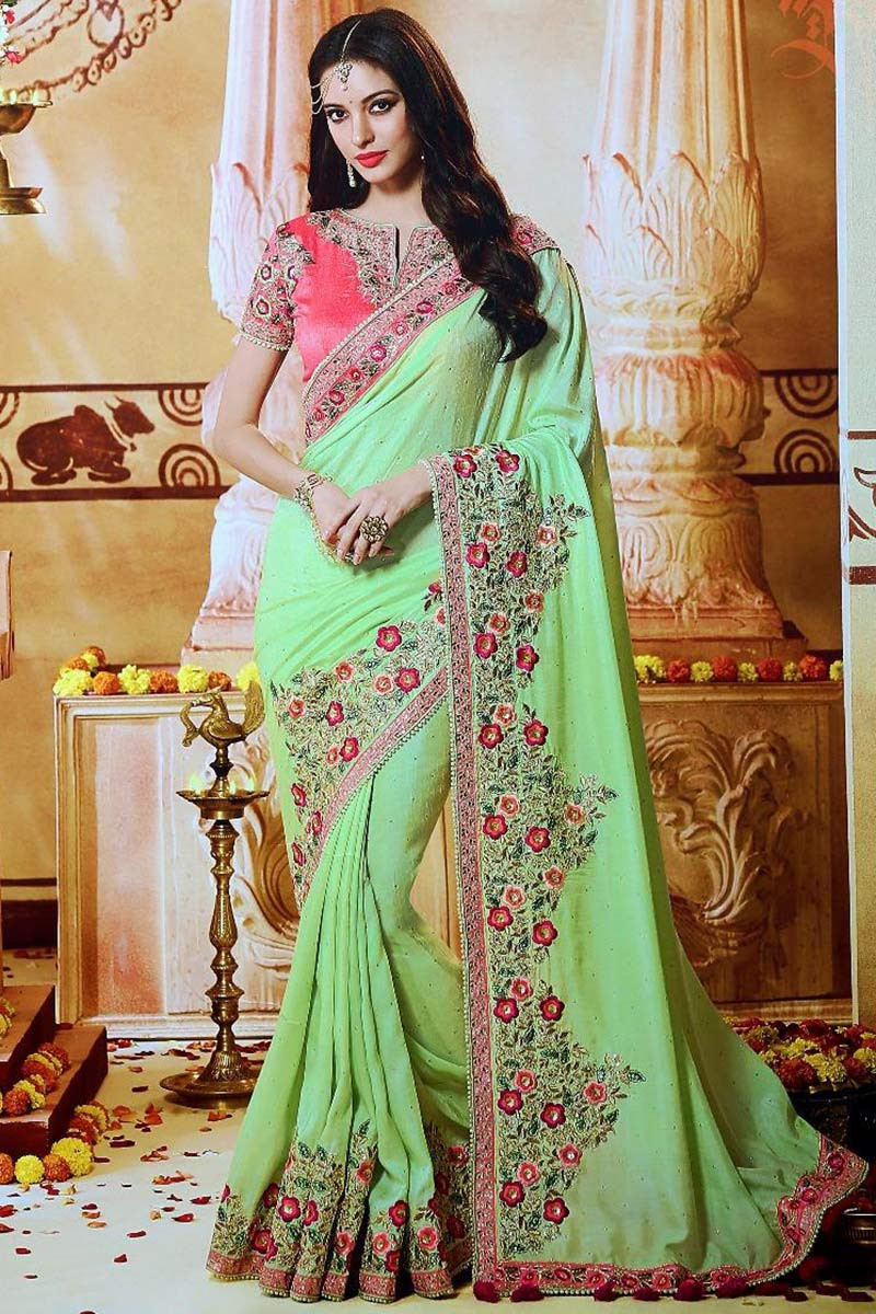 Green Color Chinnon Sequence Work Saree for Wedding Guest-CV5423 – Mohi  fashion