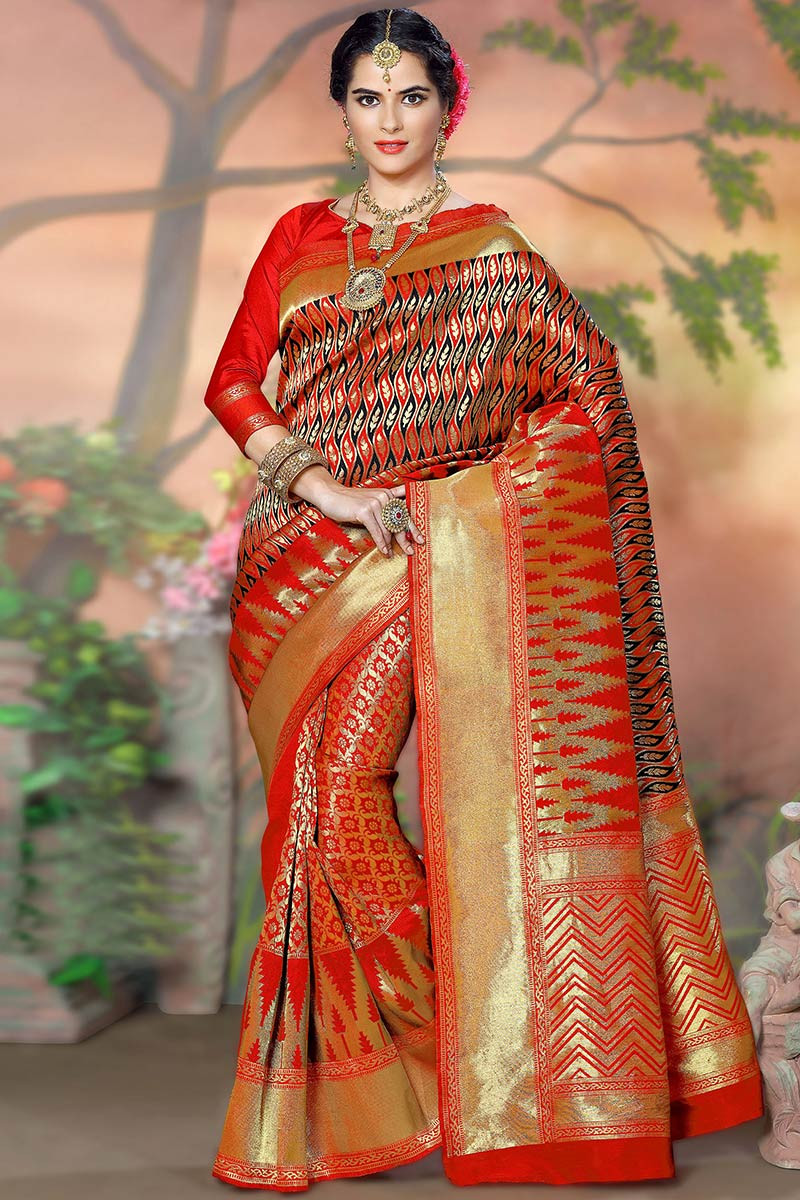 Orange Color Kanchipuram Silk Saree Bollywood Style Saree Party Wear Saree  Wedding Wear Saree Banarasi Saree With Blouse Lichi Silk Saree - Etsy