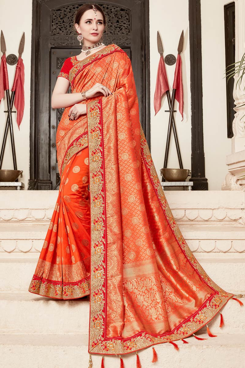 Silk Wedding Wear Saree In Orange Color