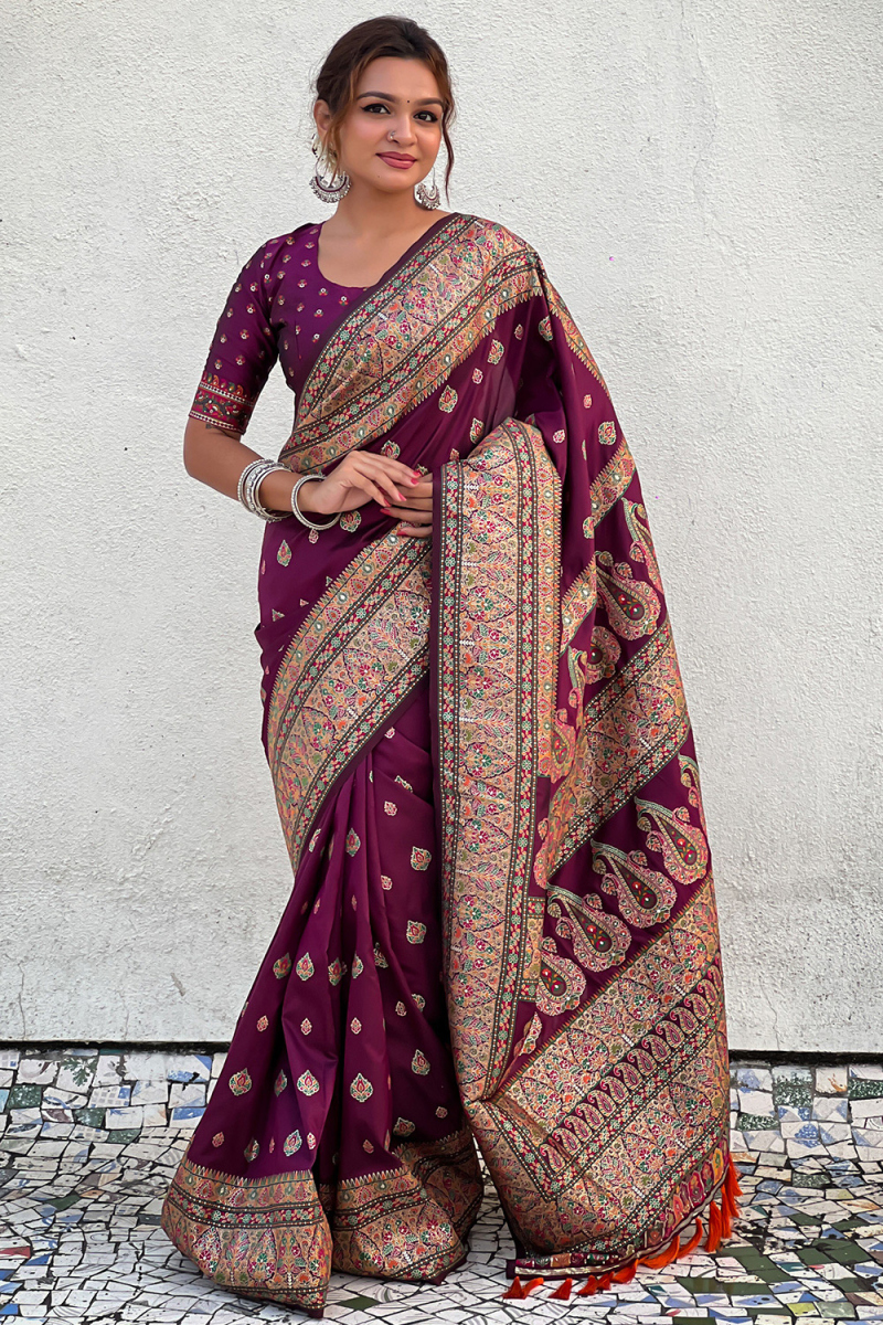 Weaved Broad Border Saree in Wine Maroon Silk