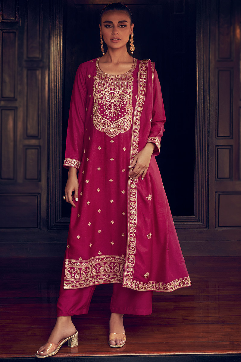 Silk Zari Embroidered Dark Pink Palazzo Suit
