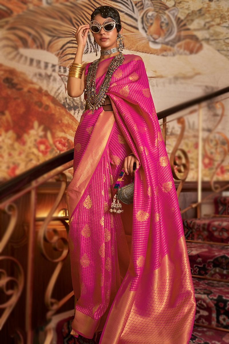 Silk Zari Weaved Ruby Pink Broad Border Saree