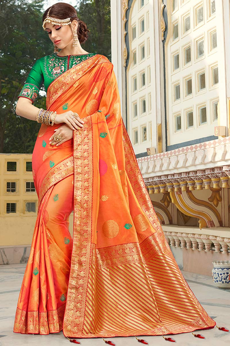 Party Wear, Traditional Orange color Raw Silk, Silk fabric Saree : 1874205