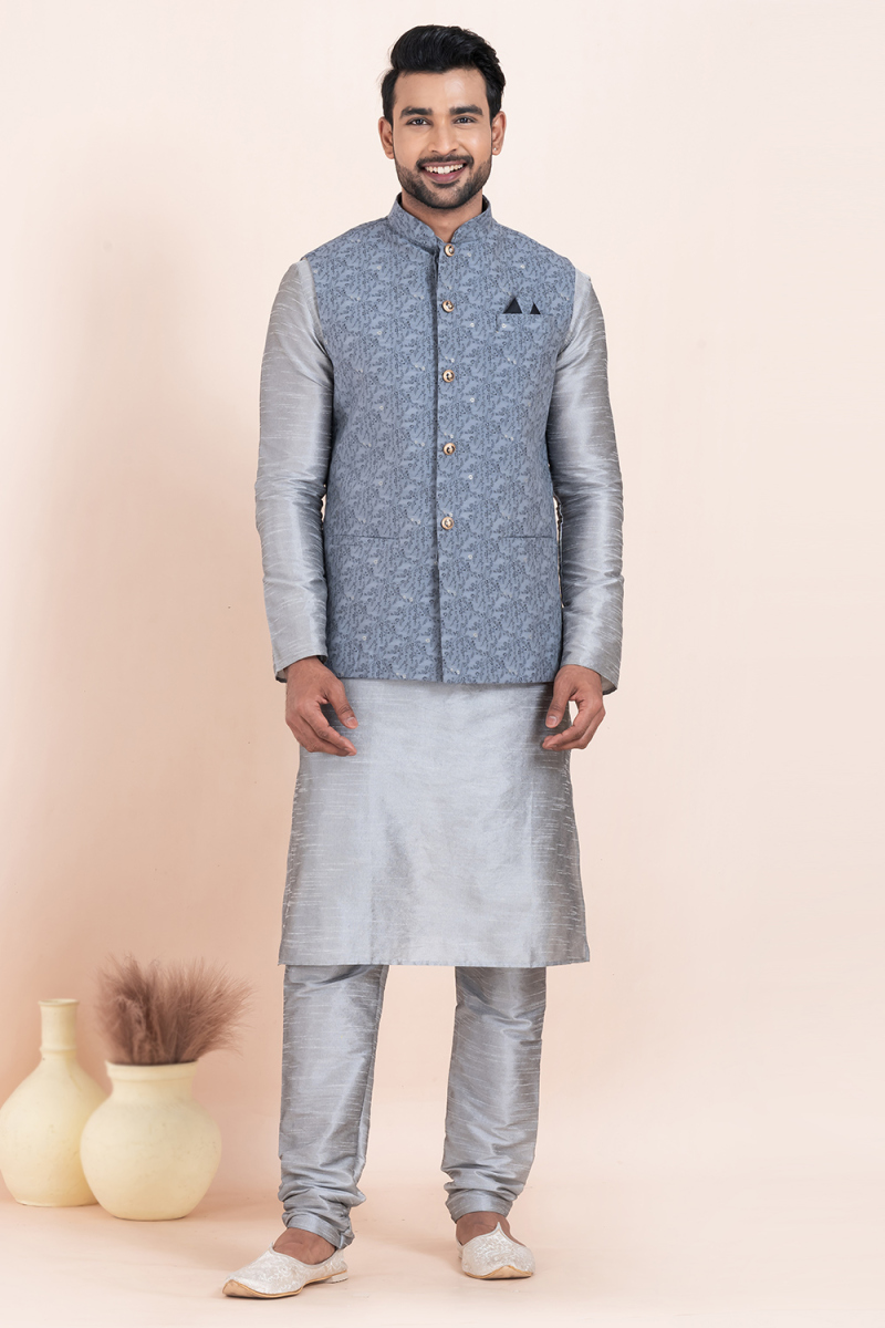 Silver Dupion Silk Jacket Style Men's Churidar Kurta