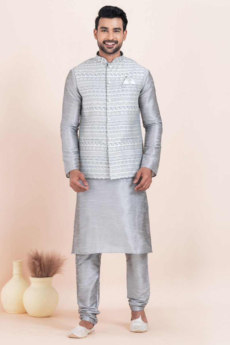 Silver Dupion Silk Jacket Style Men's Churidar Kurta 
