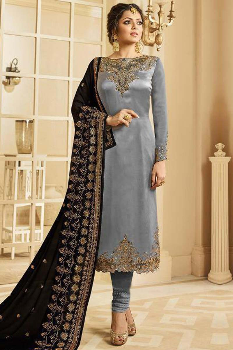Silver Grey Color Satin Silk Churidar Suit
