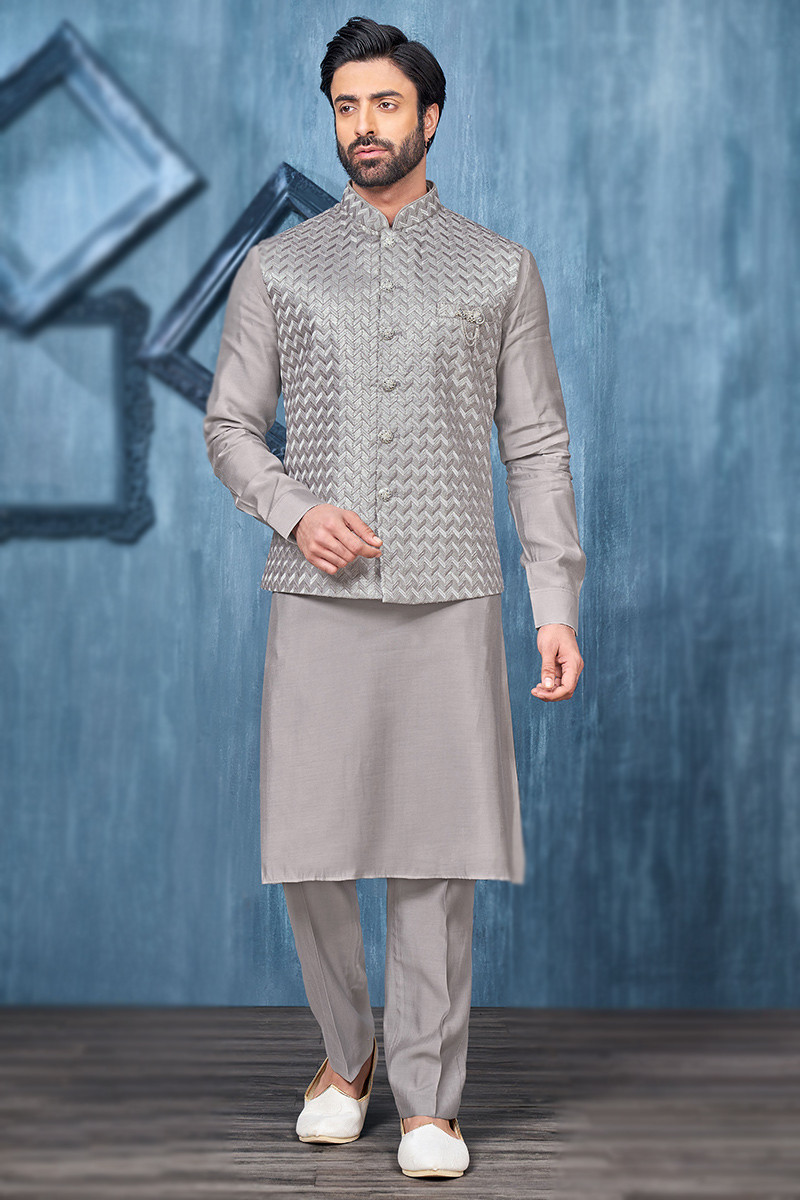 Silver Silk Men s Kurta Pajama With Embroidered Waist Coat