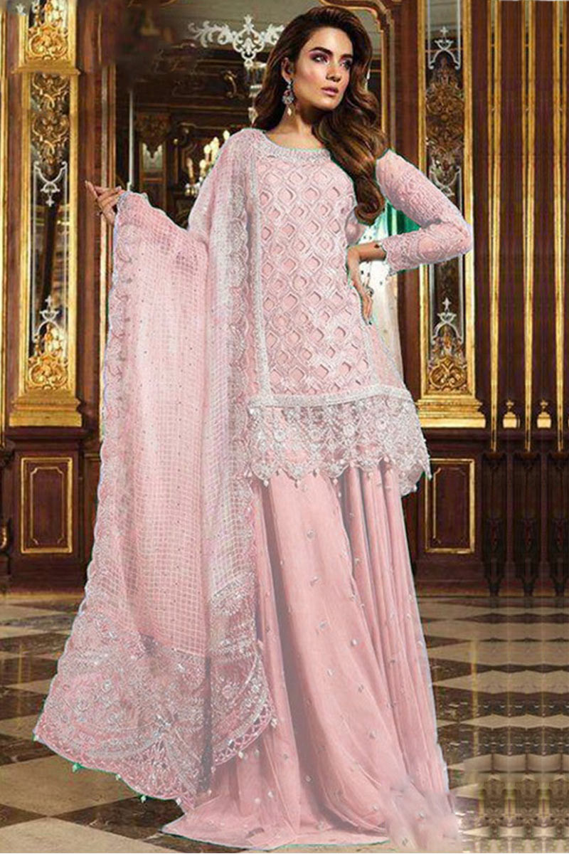 Silver Zari Embroidered Georgette Light Pink Sharara Suit
