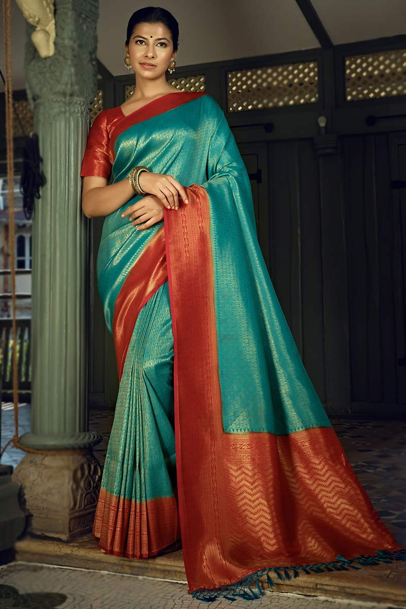 Sky Blue Art Silk Woven Zari Wedding Saree