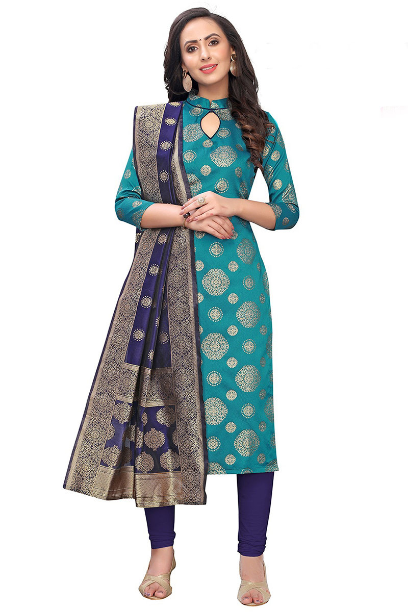 Sky Blue Brocade Straight Cut Designer Churidar Suit