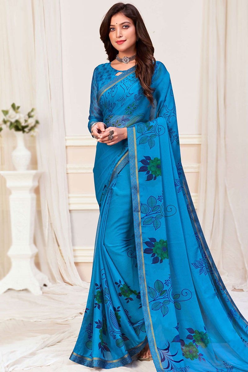 Sky Blue Daily Wear Printed Saree in Chiffon