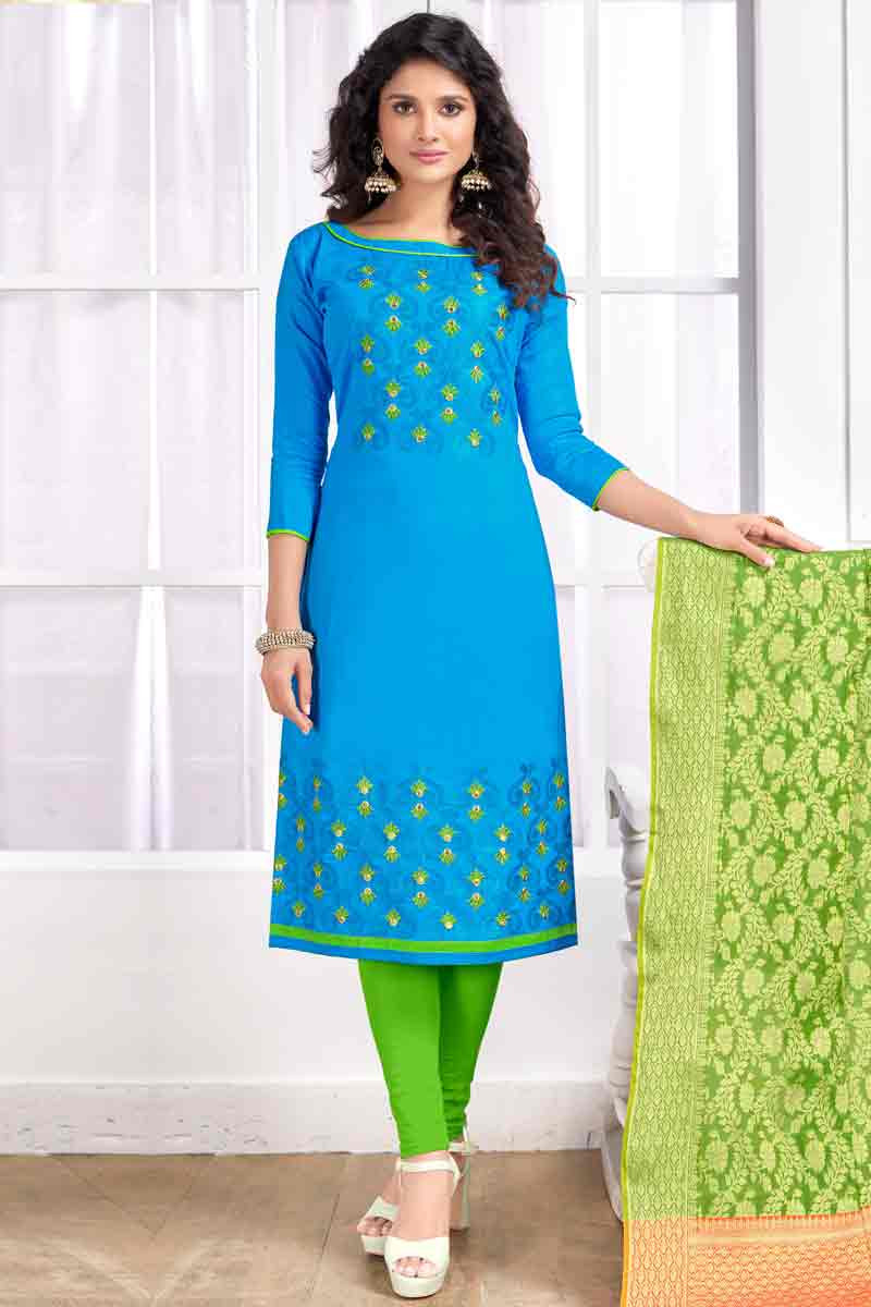 Buy Wedding Resham Embroidered Sky Blue Churidar Suit Online