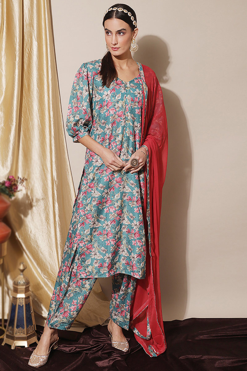 Sky Blue Cotton Floral Print Casual Wear Straight Cut Salwar Suit