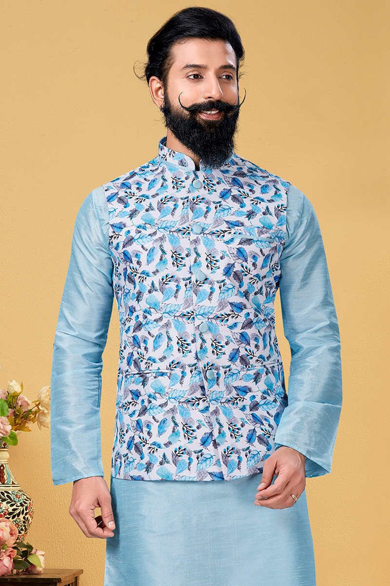 Sky Blue Cotton Printed Men Waist Coat