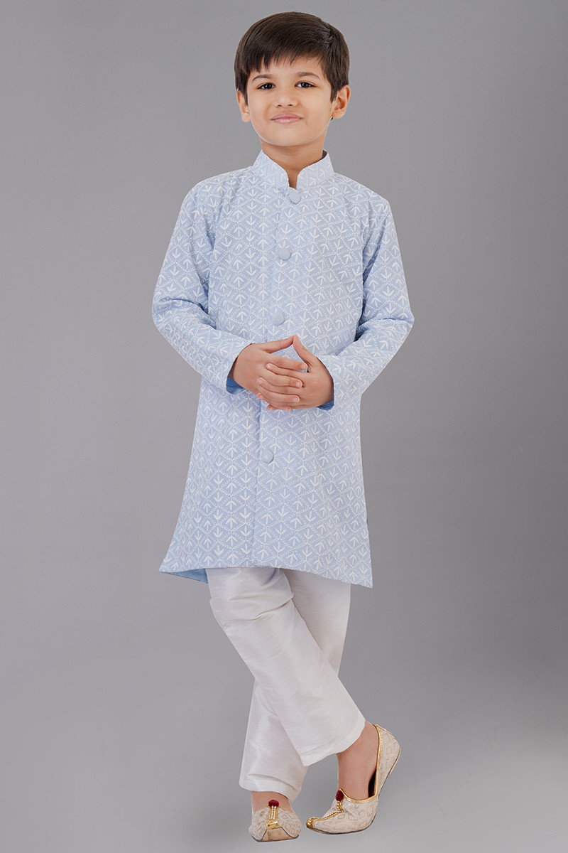 Sky Blue Cotton Silk Embroidered Boy s Kurta Pajama