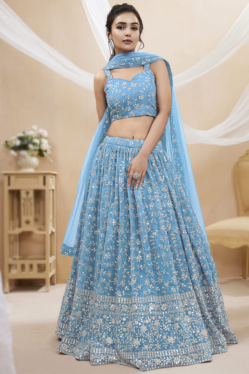 Sky Blue Embroidered Flared Style Georgette Lehenga 
