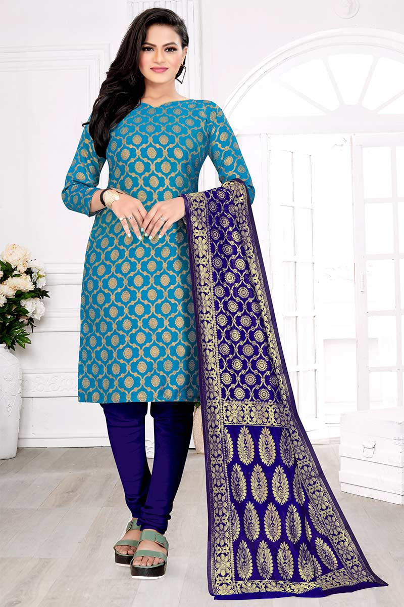 Sky Blue Jacquard Woven Zari Indian Churidar Suit