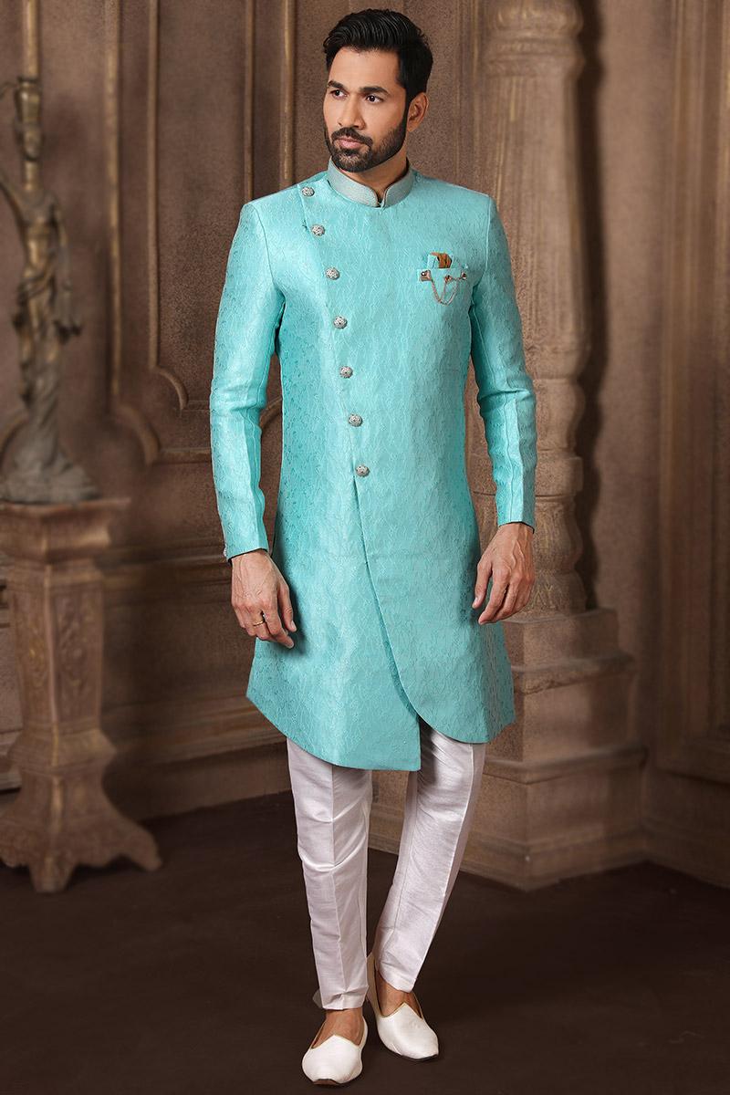 Sky Blue Jacquard Woven Zari Men Sherwani