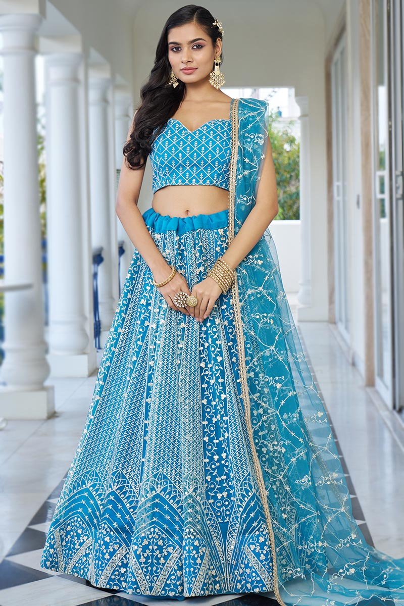 Sky Blue Net Sequins Embroidered Flared Style Lehenga