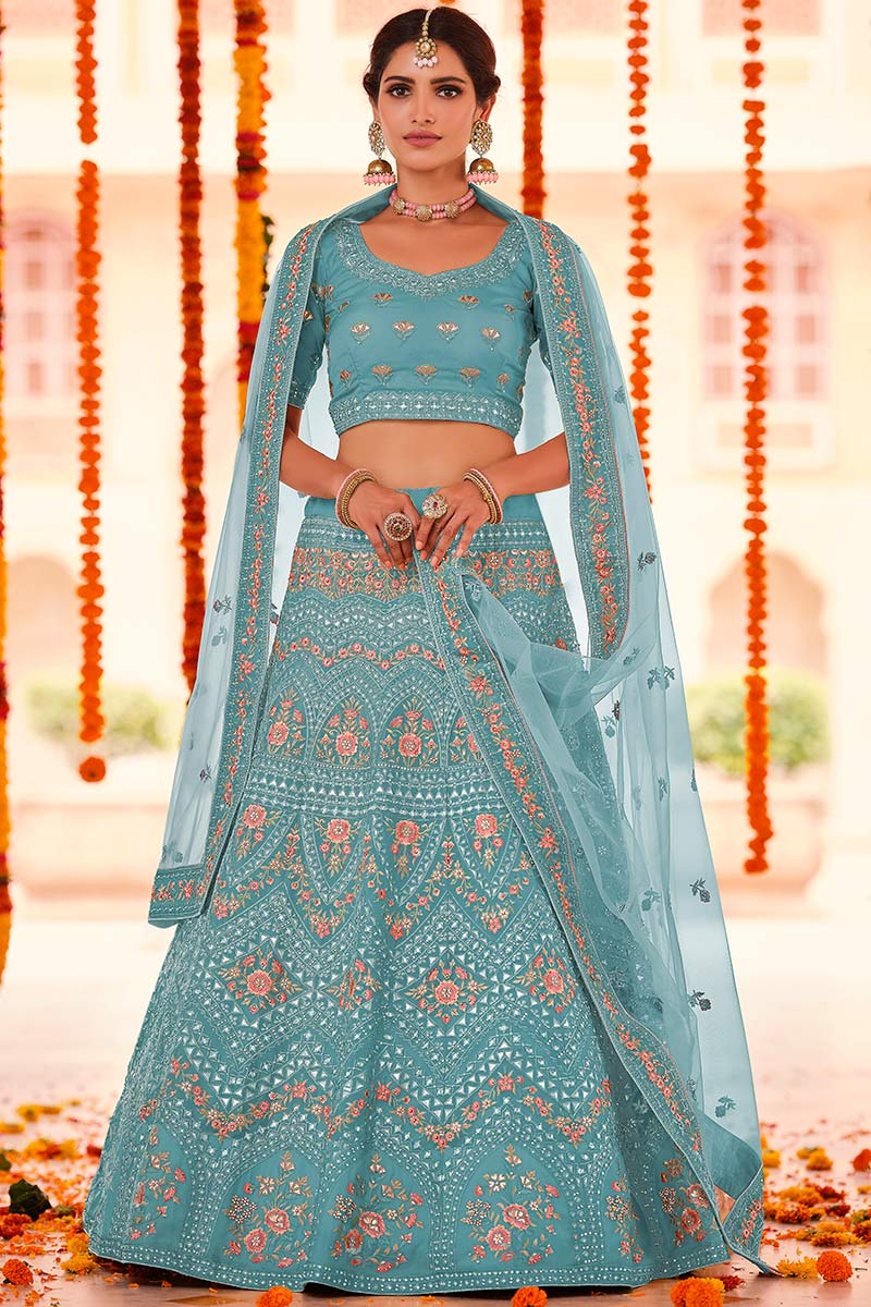 Sky Blue Organza Embroidered Lehenga