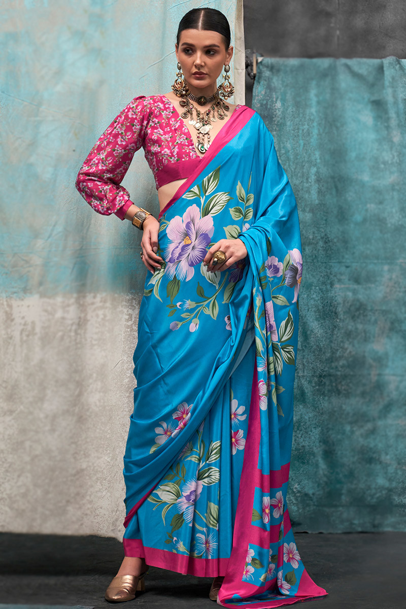 Sky Blue Printed Crepe Casual Wear Saree