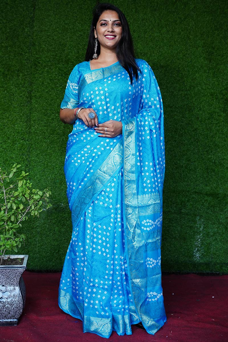 M N Saree 7303 Kacchi Bandhej Blue Unstitched Bandhej Saree